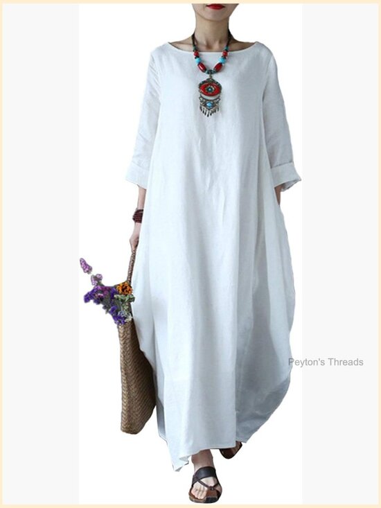 Dresses & Skirts - 100% Cotton Oversized Loose Maxi Dress with Pockets 3/4 Sleeve